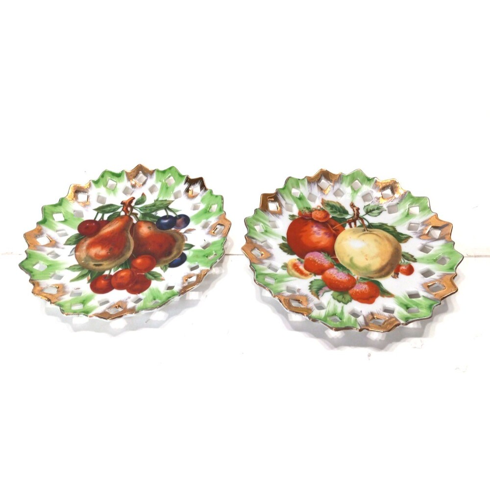 Two ArtMark Hand Painted Fruit Pattern Lattice Sawtooth Edge Vintage Wall Plates